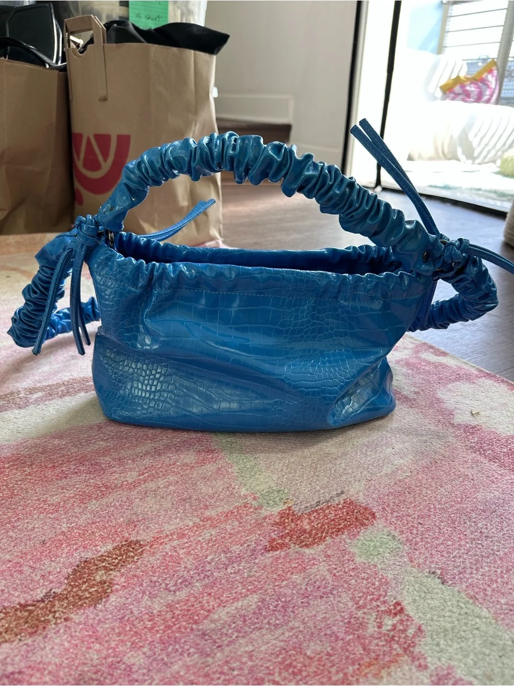 Bright Blue Croc-Texture Ruched Handle Shoulder Bag